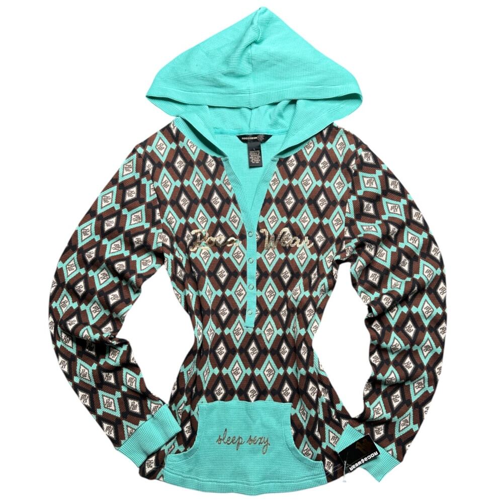 Y2K Rocawear Sleep Sexy Diamond Print Hooded Thermal Top Size LARGE